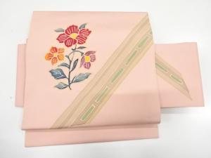 塩瀬　手描き　斜め縞に花模様　作り帯